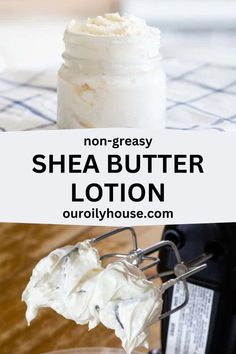 Non-greasy shea butter lotion recipe. Made with natural ingredients that are gentle but also effective for any skin type. Optional: add-in essential oils. Homemade Shea Butter Lotion, Whipped Lotion Recipe, How To Make Lotion, Home Made Moisturizer, Face Lotion For Dry Skin, Diy Body Lotion Recipe, Diy Whipped Shea Butter, Shea Butter Lotion Recipe, Homemade Body Lotion