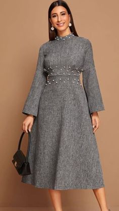 Stylish Business Outfits, Classic Outfits For Women, Modest Casual Outfits, Chic Dress Classy, Pearl Beading, Dark Dress, Dress Sleeve Length, Fashion Attire