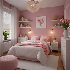 a bedroom decorated in pink and white with flowers on the nightstands, shelving units and a chandelier