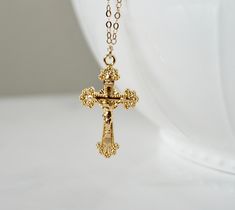 "18k Gold Filled Ornate Cross Crucifix Pendant Jesus Christ Catholic Rosary Charm Layer Necklace Hoop Earring Jewelry Making -Details Cross - 30 mm x 18 mm, Gold Filled Chain - 14kt Gold Filled, Link or Beaded Satellite Chain Length - 14-30\" *The satellite beaded chain is shown in the last photo, the other photos show the link chain -How to Order Please select the length and chain choice from the drop down menu The standard length is normally 18\". For multiple necklace purchases please send us Catholic Cross Necklace, Cross Accessories, Ornate Cross, Catholic Rosary, Gold Cross Necklace, Jewelry Accessories Ideas, Layer Necklace, Holy Cross, Accessories Ideas