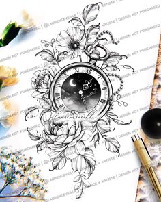 a clock surrounded by flowers and leaves on top of a paper next to pencils