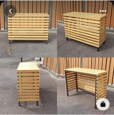 four different views of a bench made out of wooden slats