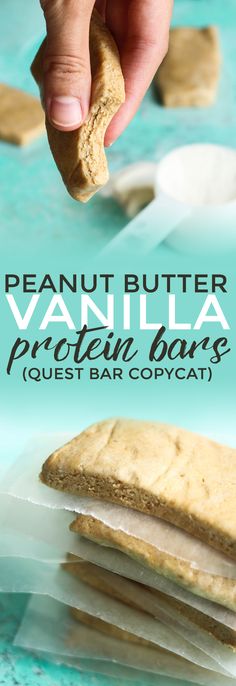 the peanut butter vanilla protein bars are stacked on top of each other and ready to be eaten