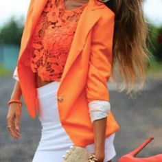 Beautiful & Bright Neon Lace, Long Sleeve Top!! It’s Color Is In Between An Orange & Coral, Perfect For Any Occasion You Want All Eyes On You!! Completely New & Unworn! Brand: Banjul Size: Small Fit: True To Size Content: 100% Polyester Smoke-Free Home No Damages Will Ship Same/Next Day Bundle & Save Fitted Tops For Spring Holiday, Orange Blazer, Orange Outfit, Orange Jacket, Looks Street Style, Dress Orange, Orange Fashion, Coral Color, Look Fashion