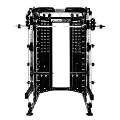 a black and white photo of a rack with two squats on each side, in front of a white background