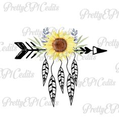 an arrow and sunflower with feathers on it