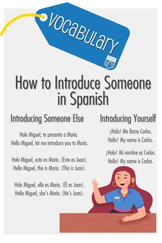 a spanish poster with an image of a woman sitting at a table and the words how to introduce someone in spanish