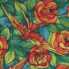 a painting of red roses and green leaves with blue sky in the backgroud