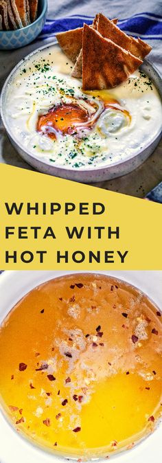 a bowl of hot honey soup with toasted bread on the side and whipped peta with hot honey