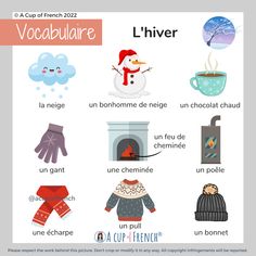 a poster with different types of french words and pictures on it, including snowmen