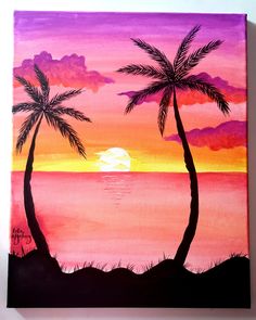 an acrylic painting of two palm trees at sunset