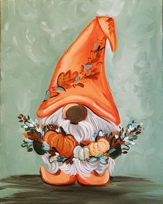 a painting of an orange gnome's hat with leaves and flowers around it on a green background