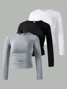 3pcs/Set Tween Girls Casual Fitted Cropped T-Shirts Set Multicolor   Long Sleeve Knitted Fabric   Medium Stretch  Tween Girls Clothing, size features are:Bust: ,Length: ,Sleeve Length: Long Sleeve Fitted Shirt, Adam Cole, Fabric Medium, Crop Tshirt, Girls Long Sleeve, Casual Girl, Gray Tshirt, Casual Fits