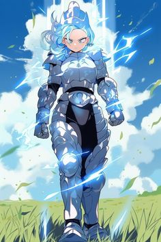 an anime character with blue hair and armor walking through the grass in front of clouds