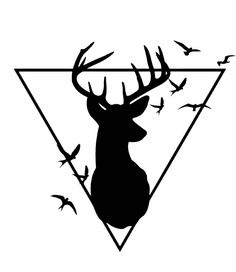 a black and white silhouette of a deer with birds flying around it's head