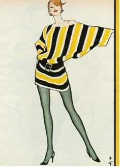 a drawing of a woman in a striped dress and stockings, with her hand on her hip