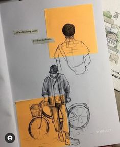 a drawing of a man standing next to a bicycle on top of a piece of paper