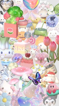 a bunch of stuff that is on top of a white surface with flowers and hearts