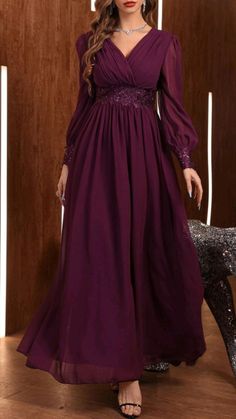 Purple Gala Dress Long Sleeve, A Line Party Wear Dresses, Maxi Long Sleeve Dress Gowns, Long Sleeve Chiffon Dress Bridesmaid, Plain Maxi Dress Long Sleeve, Long Gown Sleeves Design, Formal Clothes Women Wedding, Simple Plain Gown Design, Chiffon Dress Designs Style