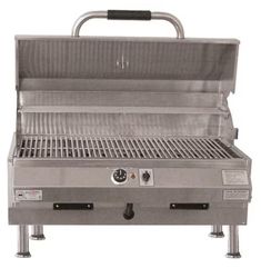 an electric grill with the lid open on it's legs and two burners