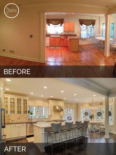 before and after pictures of a kitchen remodel in an open floor plan home