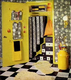 a yellow room with black and white checkered flooring