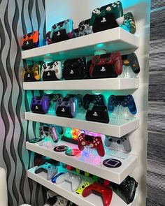 the shelves are filled with video game controllers