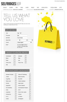 a yellow shopping bag sitting on top of a white page with the words selfridges