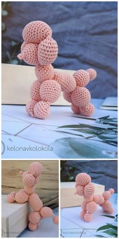 a pink crocheted poodle sitting on top of a table