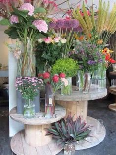 several vases filled with different types of flowers