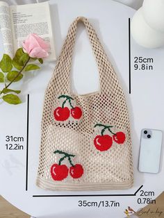 BirdinBag - Stylish Cherry Pattern Crochet Beach Tote - Womens Summer Bag for the Beach Red Crochet Bag For Vacation, Red Crochet Vacation Bag, Crochet Beach Bags For Shopping, Crochet Beach Bag For Shopping, Crochet Bags For Beach Season Shopping, Vacation Crochet Pouch Bag, Crochet Pouch Bag For Vacation, Crochet Bags For Daily Beach Use, Summer Crochet Pouch Bag For Shopping