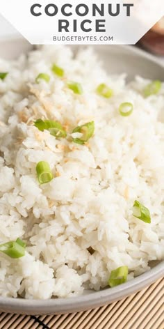 coconut rice in a white bowl with green onions on top and the words, how to cook coconut rice