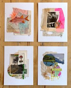 four different pictures are arranged on top of each other, with paper collages