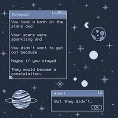 an old computer screen with space and stars in the background, as well as text