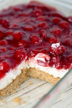 a close up of a dessert with cherries on it in a glass dish, ready to be eaten