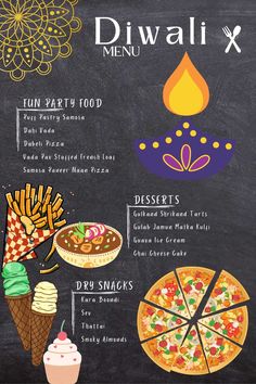 a chalkboard menu with different types of food and drinks on it, as well as the words diwali x