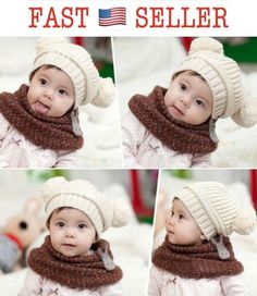 four pictures of a baby wearing a hat and scarf