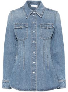 blue cotton-hemp blend washed denim corset-style dart detailing contrast stitching classic collar front press-stud fastening long sleeves press-stud fastening cuffs two stud-fastening chest pockets curved hem unlined