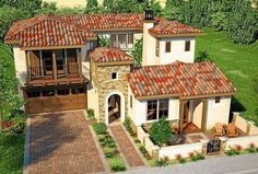 this is an artist's rendering of a two story house with red tile roofs