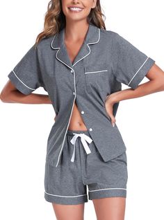 PRICES MAY VARY. ♥ MATERIALS - Womens pajama sets made of 100% Cotton. Lightweight, cozy, and classy, form-fitting, breathable,The soft material keeps you comfortable, making this lounge set ideal for slipping into after a hard day. ♥ DESIGN - The pajamas for women shorts set is designing of classic contrasting piping. Top features a notched collar, left chest pocket and the pajama shirt's button-down design will be very helpful for surgery. The pajama sets for women shorts have an elastic adjus Relaxed Fit Sleepwear With Buttons For Loungewear, Comfortable Sleepwear With Pockets For Sleepover, Casual Buttoned Sleepwear For Loungewear, Relaxed Fit Sleepwear With Button Closure For Pajama Party, Casual Sleepwear With Buttons For Sleepover, Cotton Sleepwear With Buttons For Pajama Party, Cozy Sleepwear With Pockets For Pajama Party, Cotton Buttoned Sleepwear For Pajama Party, Relaxed Fit Sleepwear With Buttons