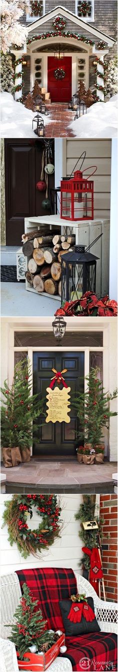 christmas decorations are displayed in front of a house with red and black plaid blankets on it