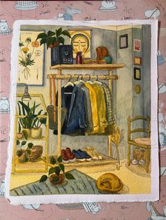 a painting of clothes hanging on a rack in a room with flowers and other items