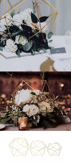 two photos with flowers and candles on them, one is gold and the other is white