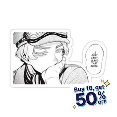 a sticker with the words buy 10 get 50 % off and an image of a boy