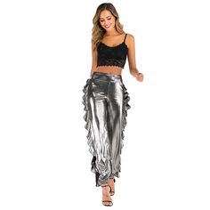 Silver Wave Hem High Waist Jogger Pants High Waist Summer Cargo Pants For Night Out, High Waist Cargo Pants For Summer Night Out, High Waist Cargo Pants For Night Out In Summer, Fitted Wide Leg Cargo Pants For Party, Summer Fitted Cargo Pants For Night Out, Fitted Cargo Pants For Summer Night Out, Summer Cargo Pants For Night Out, Jogger Pants, Bottoms Pants