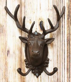 a deer head mounted to the side of a wooden wall