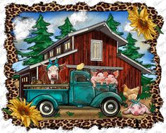 an old truck with pigs in the back and sunflowers on the side, painted by hand