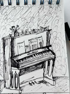 a drawing of a piano in the rain