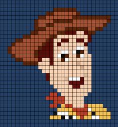 A pixel art template of Woody from Toy Story. Pixar Pixel Art, Toy Story Cross Stitch Patterns, Toy Story Perler Beads, Character Pixel Art, Disney Pixel Art, Character Blankets, Disney Crochet Patterns, Graph Paper Drawings