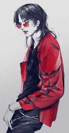 a drawing of a woman in red jacket and black top sitting on the ground with her hands behind her back